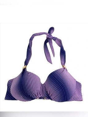 Victoria's Secret Push-Up Bikini Top Striped Halter Purple Blue Swim Size 32 B